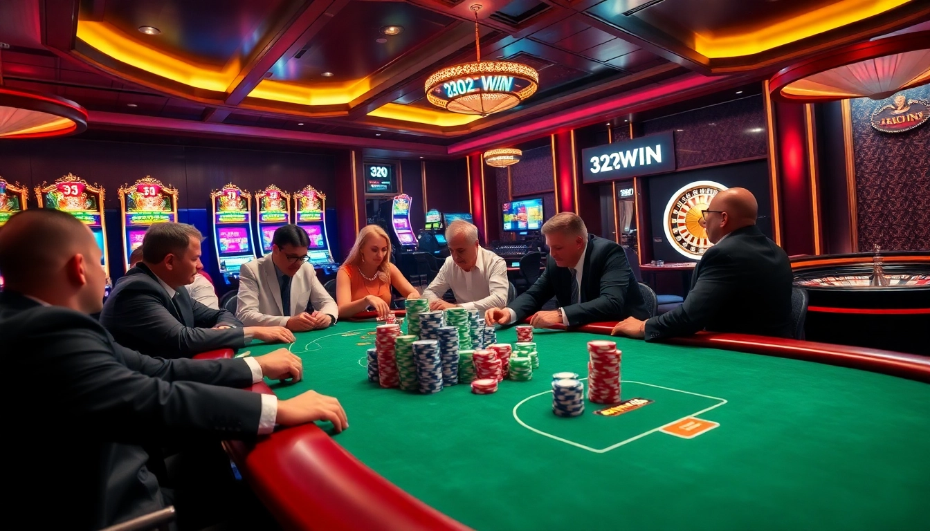 Experience the exciting atmosphere of 32WIN with intense poker action and colorful chips.