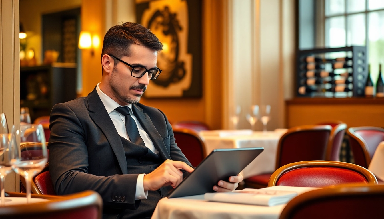 Headhunter Gastronomie beim Arbeiten in einem eleganten Restaurant mit Tablet, professionell und kompetent dargestellt.
