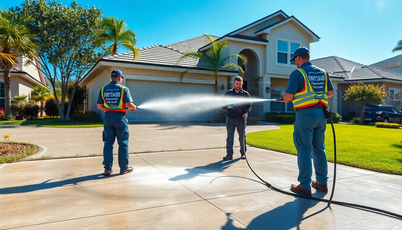 Driveway pressure wash service in action at a residential property in Kissimmee, FL, showcasing professionals restoring a clean driveway.