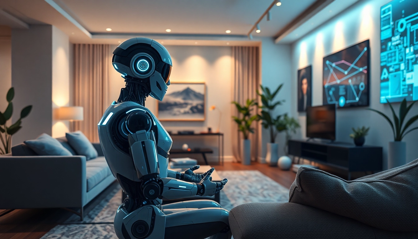AI sex bot engaging in emotional conversation in a modern, inviting living room.