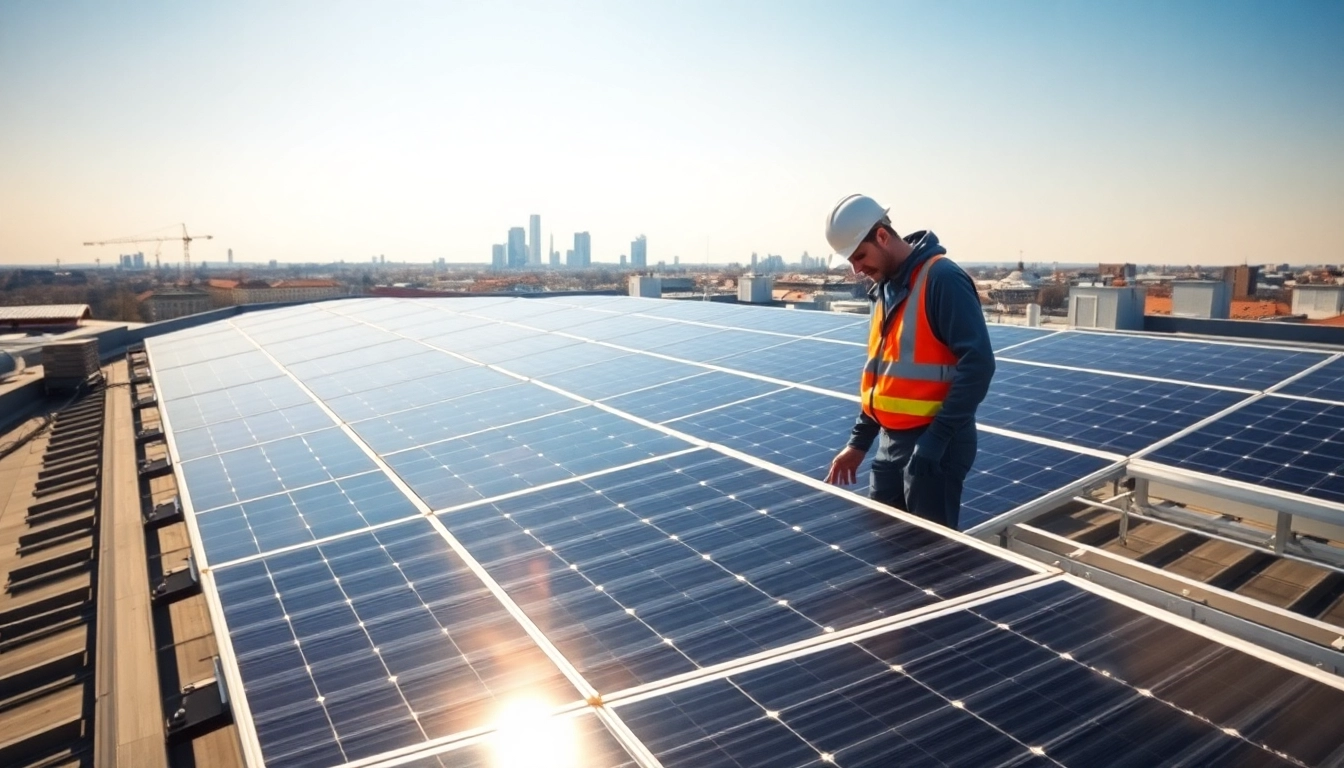 Installation von PV Anlagen Wien auf einem Dach in der Stadt, unterstreicht erneuerbare Energie.