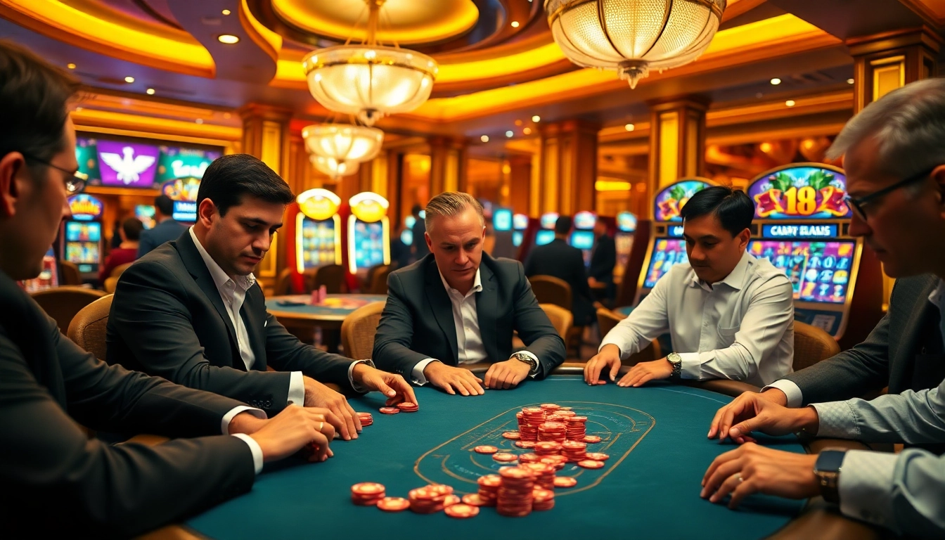 Exciting players at the poker table during a thrilling game at https://789clubac.cn.com/ in a luxurious casino.