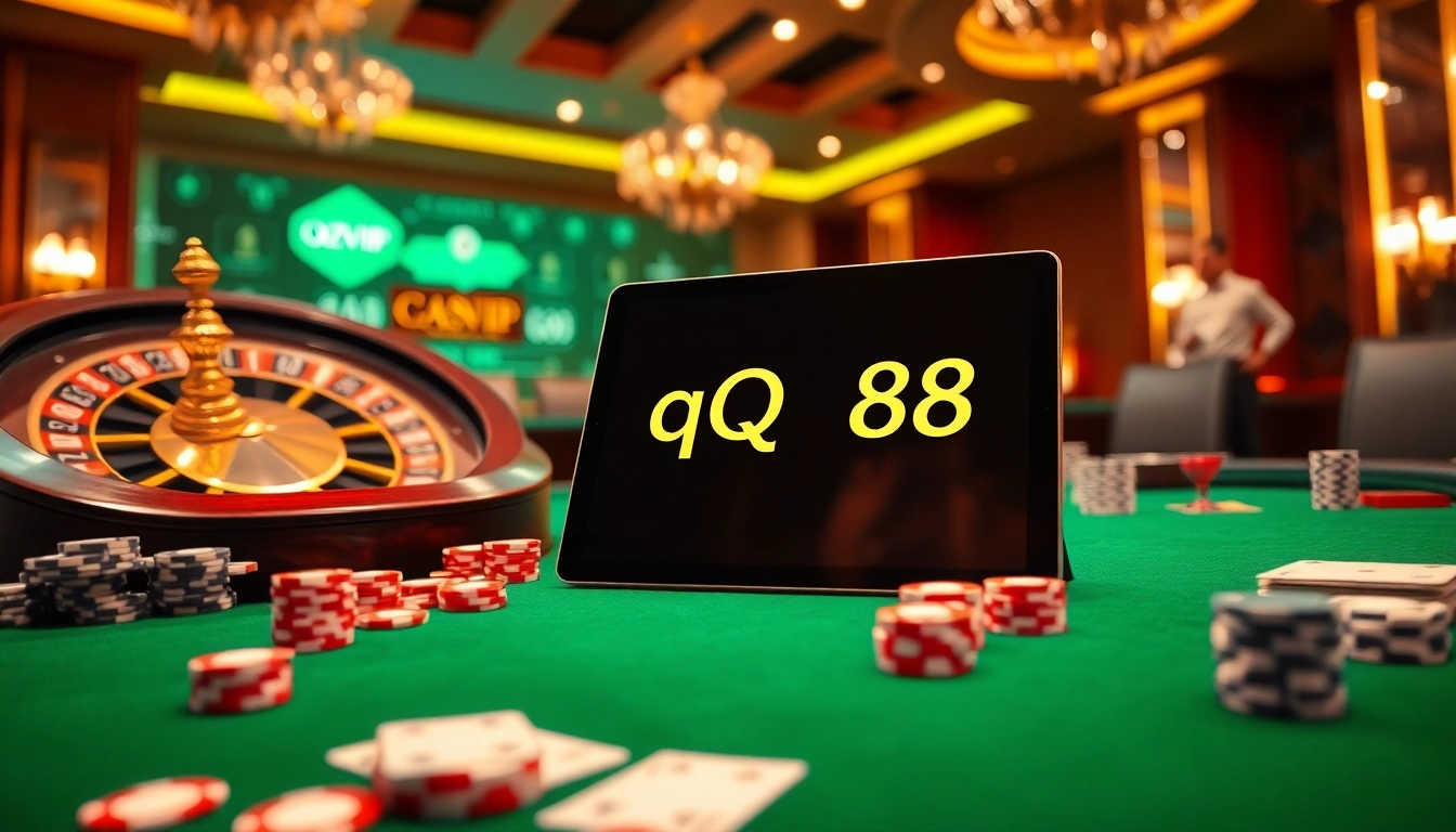 Engage with the qq88 okvip online gambling experience featuring vibrant casino elements like roulette and poker.