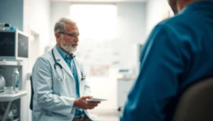 Der Arzt erklärt dem Patienten beeindruckend die deus medical Behandlungsoptionen und sieht zuversichtlich aus.