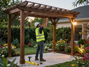 Fachleute, die Software für Pergola-Installateure verwenden, um maßgeschneiderte Außenstrukturen in einer schönen Gartenumgebung zu entwerfen und zu installieren.