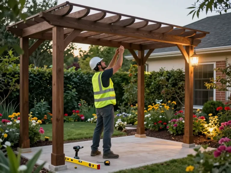 Fachleute, die Software für Pergola-Installateure verwenden, um maßgeschneiderte Außenstrukturen in einer schönen Gartenumgebung zu entwerfen und zu installieren.