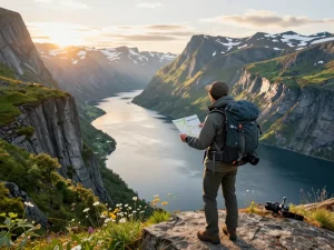 Malermatische Fjordlandschaft mit Reisendem in Norwegen, die Skandinavien Reisetipps bei der natürlichen Erkundung zeigt.