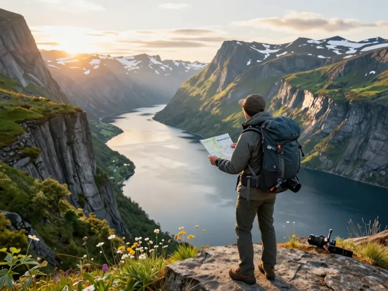 Malermatische Fjordlandschaft mit Reisendem in Norwegen, die Skandinavien Reisetipps bei der natürlichen Erkundung zeigt.