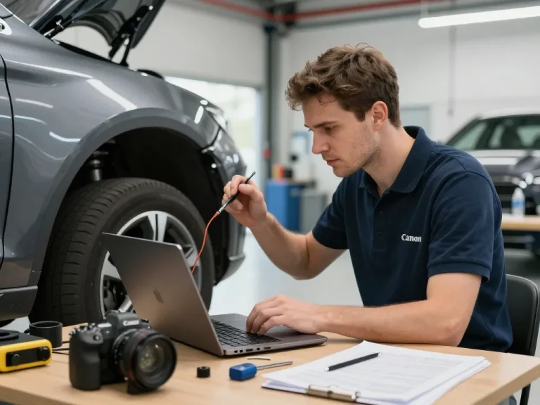 Kfz Gutachter inspiziert ein Fahrzeug in einer modernen Garage und zeigt Professionalität sowie Expertise in der Fahrzeugbewertung.
