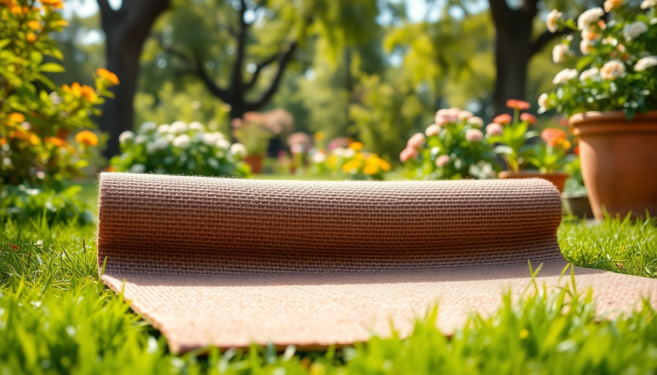 Hanfmatte auf grünem Rasen in einem einladenden Garten. Ideal für die Naturgestaltung.