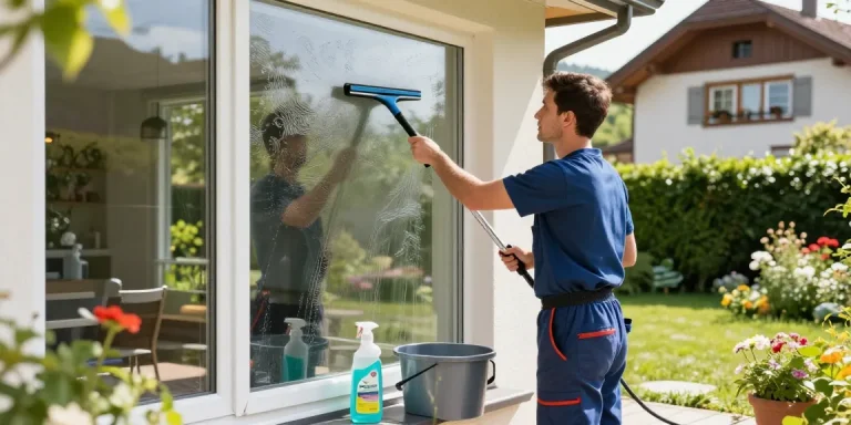 Expert window cleaning service in Bern providing streak-free results on residential windows with garden backdrop.