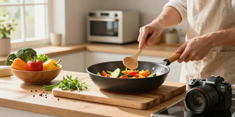 Ein gesundes Gericht wird in einer PTFE freien Pfanne von GreenKitchen zubereitet, während frische Zutaten sichtbar sind.