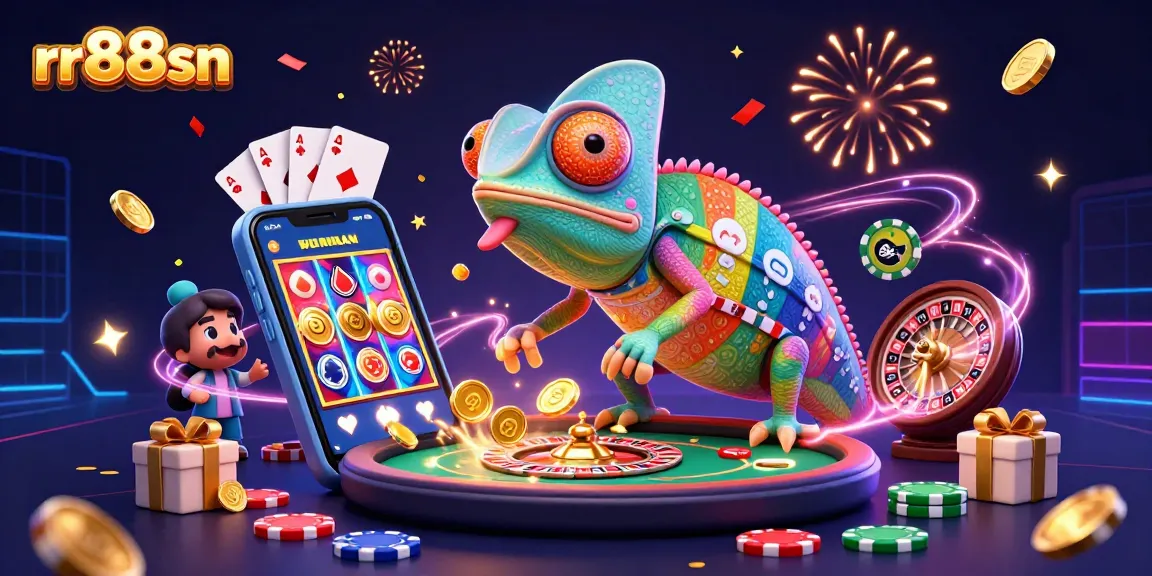 Engage with rr88sn's vibrant casino world, featuring a chameleon owner and dynamic gaming elements.