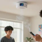 Vape Detektor in einem modernen Raum, mit Eltern und Jugendlichen im Gespräch über Luftqualität.