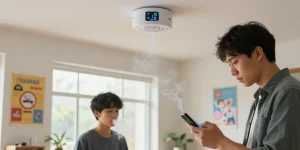 Vape Detektor in einem modernen Raum, mit Eltern und Jugendlichen im Gespräch über Luftqualität.