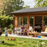 Familie beim Gartenhaus kaufen, entspannen im Garten mit Blumen und Holzterrasse.