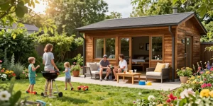 Familie beim Gartenhaus kaufen, entspannen im Garten mit Blumen und Holzterrasse.