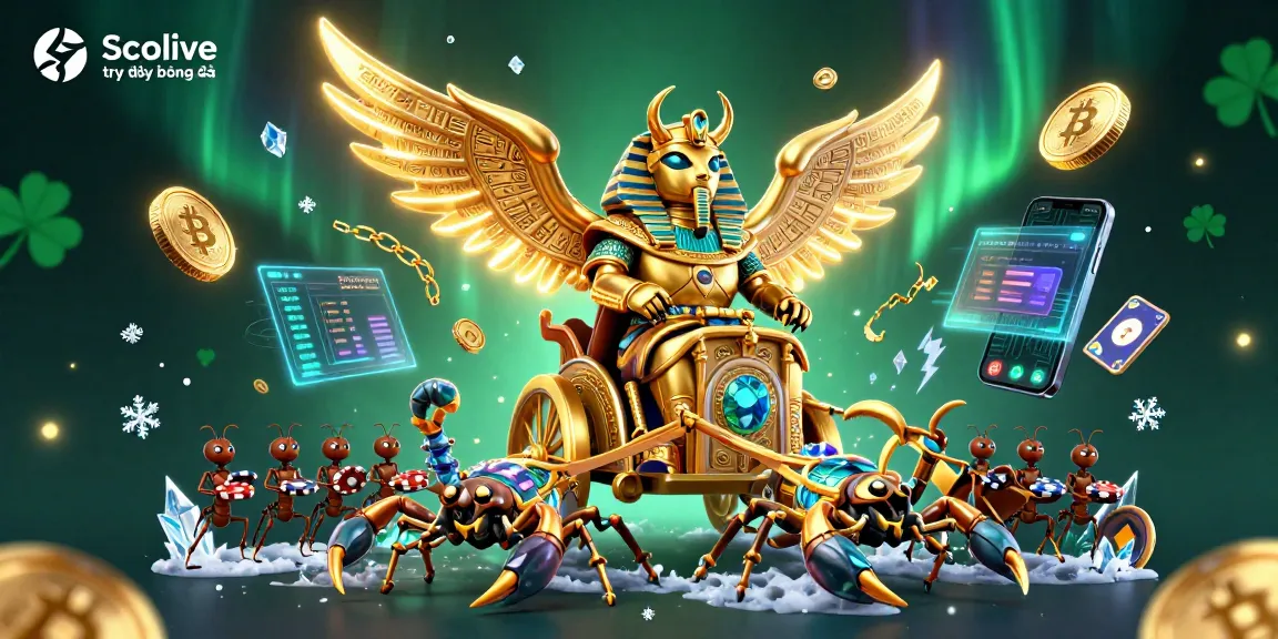 Socolive trực tiếp bóng đá action-packed illustration featuring golden beetles, scorpions, and crypto elements.