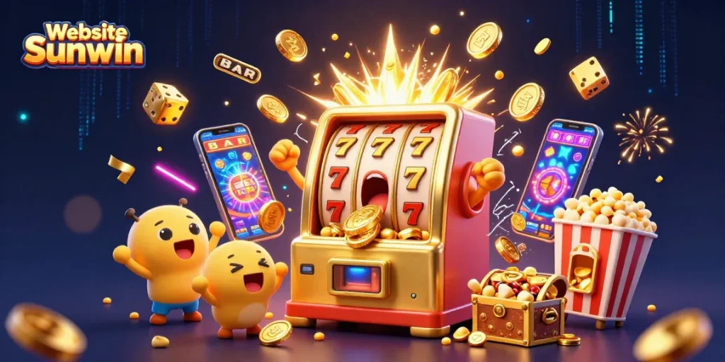 Celebrate wins at Website Sunwin with playful slot machines overflowing with coins and vibrant casino elements.
