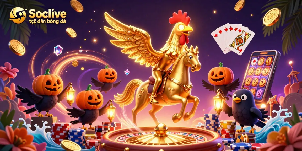 Socolive trực tiếp bóng đá showcases an enchanting casino scene with a golden rooster and dynamic gaming elements.