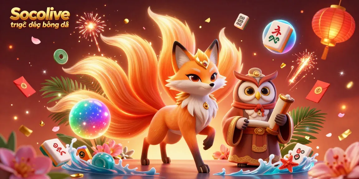 Socolive trực tiếp bóng đá showcases a vibrant scene with a nine-tailed fox and an owl sage amid spirited gambling elements.