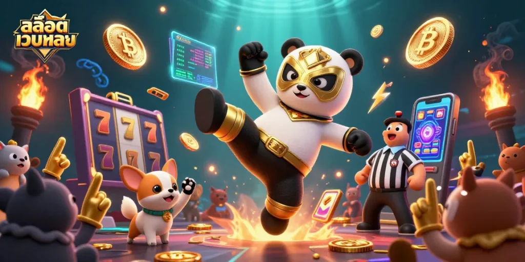 Experience thrilling gaming with สล็อตเว็บตรง as a panda wrestler kicks through slot reels and crypto coins.