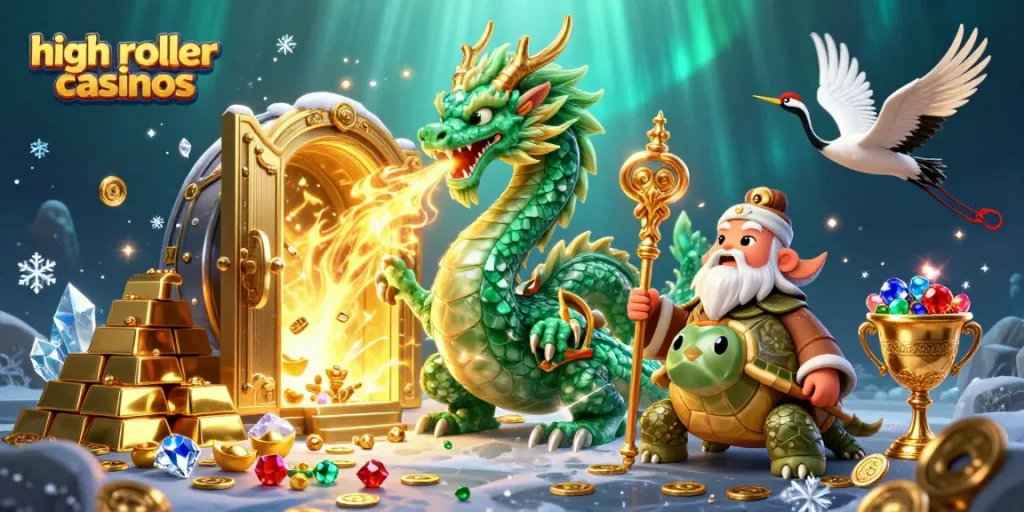 Engage with high roller casinos through rich 3D illustration showcasing vibrant game elements and characters.